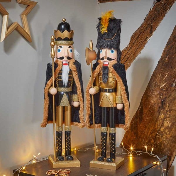 Schiaccianoci Re Con Mantello 61 Cm, Legno Dipinto A Mano Con Corona E Bastone Dorato, Decorazione Natalizia