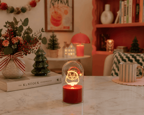 Festive LED cloche light 12cm Battery Operated Santa Face Cloche Light – Warm White & Red LED Christmas Decoration