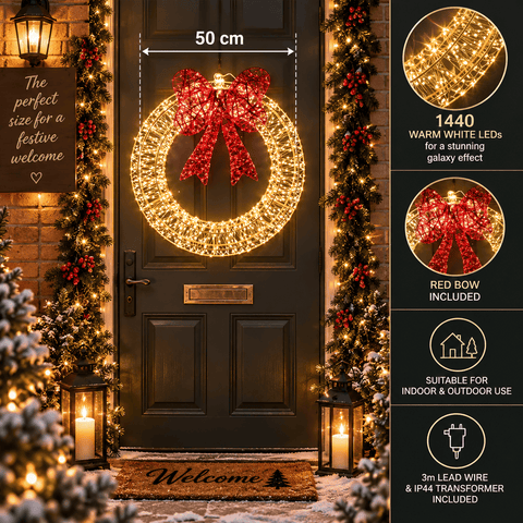 Three Kings LED Galaxy Warm White Christmas Wreath with Red Bow– 50cm