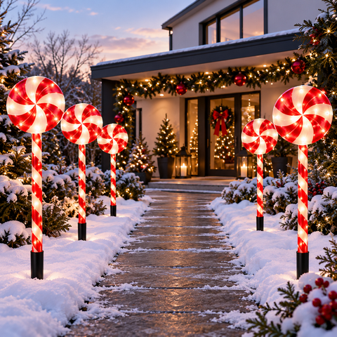 Shatchi Candy Cane Wheels Outdoor Lights Set of 4 B/O