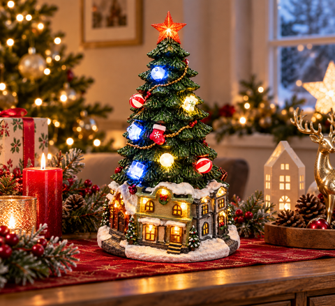 Shatchi 30cm Battery Operated LED Resin Tree Village Scene