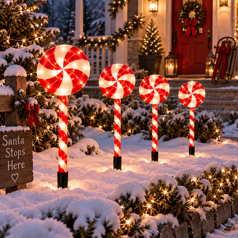 Shatchi Candy Cane Wheels Outdoor Lights Set of 4 B/O