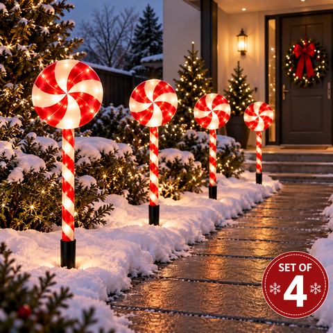 Shatchi Candy Cane Wheels Outdoor Lights Set of 4 B/O