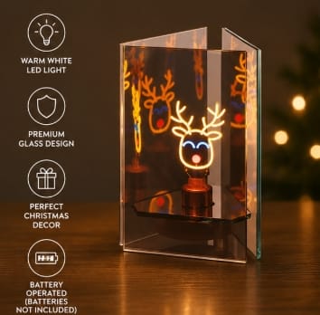 Premier Lit Window Scene Decoration B/O Lit Glass Triple Sided Reindeer Tabletop Decoration – 16cm