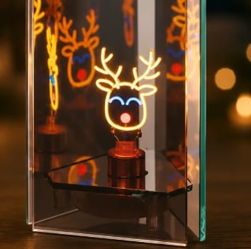 Premier Lit Window Scene Decoration B/O Lit Glass Triple Sided Reindeer Tabletop Decoration – 16cm