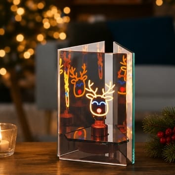 Premier Lit Window Scene Decoration B/O Lit Glass Triple Sided Reindeer Tabletop Decoration – 16cm