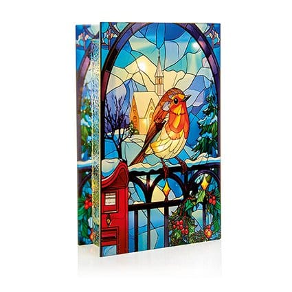Premier Christmas stained Glass Tabletop Decor B/O Lit Robin on Gate Stained Glass Tabletop Decoration –21 x 13cm
