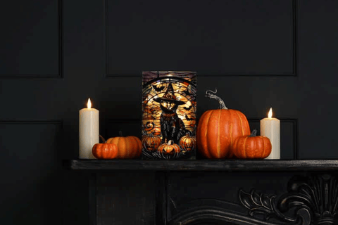 Festive Halloween Lit Decor B/O Lit Stained Glass Black Cat Decoration - 21cm