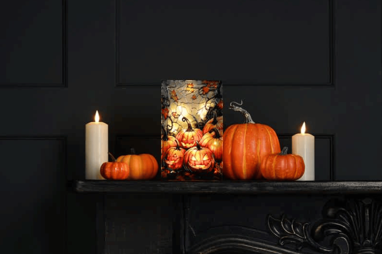 Festive Halloween Lit Decor B/O Lit Stained Glass Pumpkins Decoration - 21cm