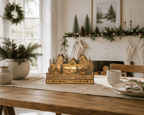 Festive wooden Christmas models and scenes B/O Lit Wooden Santa Village Scene – 24cm
