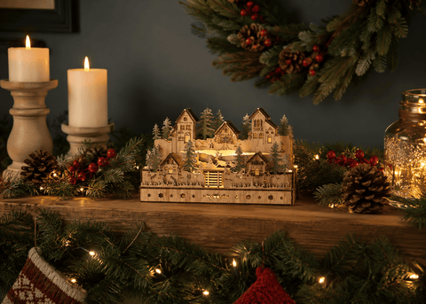 Festive wooden Christmas models and scenes B/O Lit Wooden Santa Village Scene – 24cm