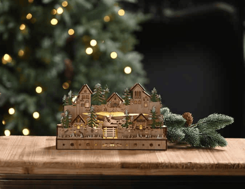 Festive Wooden Models & Scenes B/O Lit Wooden Santa Village Scene – 24cm