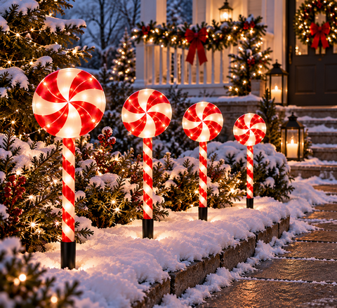 Shatchi Candy Cane Wheels Outdoor Lights Set of 4 B/O