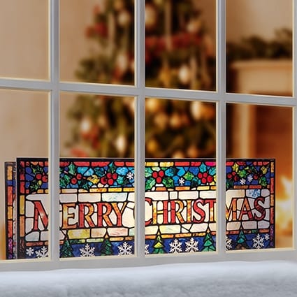 Premier Christmas stained Glass Tabletop Decor Battery Operated Lit Merry Christmas Stained Glass Tabletop Decoration – 40 x 15cm