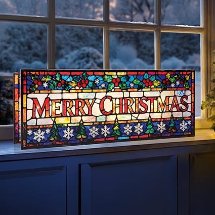 Premier Christmas stained Glass Tabletop Decor Battery Operated Lit Merry Christmas Stained Glass Tabletop Decoration – 40 x 15cm