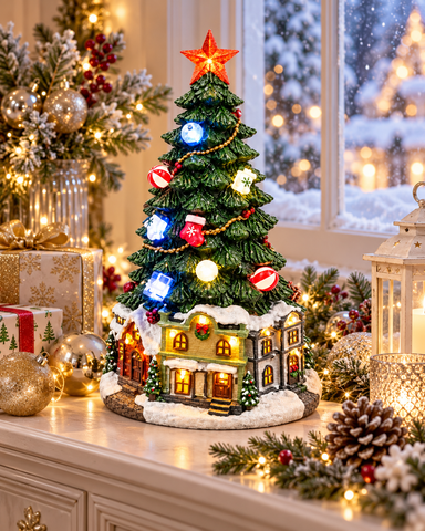 Shatchi 30cm Battery Operated LED Resin Tree Village Scene