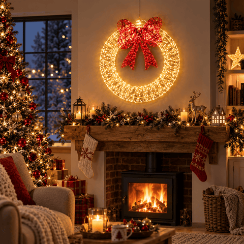 Three Kings LED Galaxy Warm White Christmas Wreath with Red Bow– 50cm