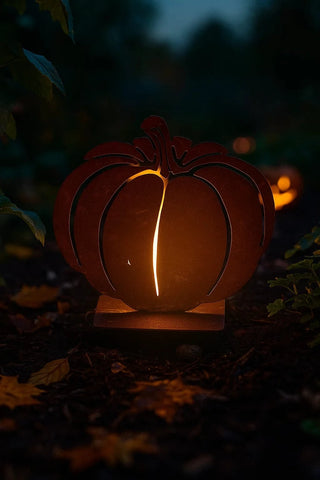 Carved pumpkin lantern glowing in a dark outdoor setting with blurred background