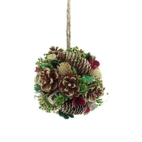 Festive Hanging Decor Festive 13cm Hanging Ball with Gold Pinecones and Red Flowers