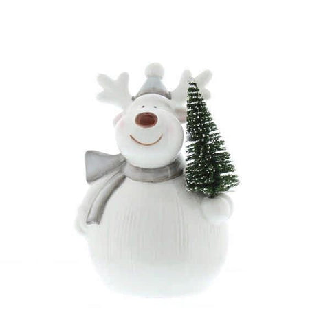 Festive Christmas Decor Festive 14cm Dolomite Grey and White Reindeer with Green Tree