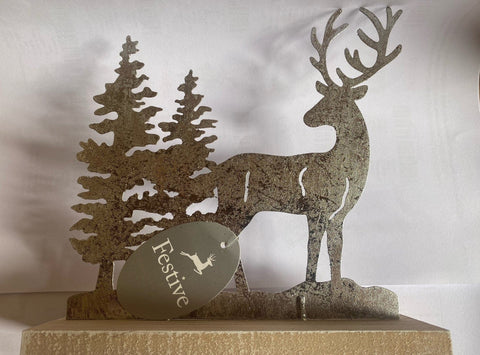 Festive Models & Scenes Festive 18cm Silver Aged Effect Tabletop Stag and Trees