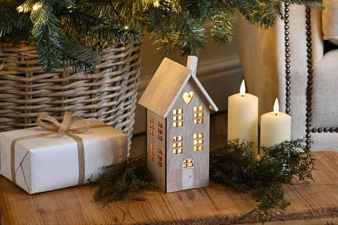 Festive LED Decoration Festive 20cm B/O Lit Wooden House With Heart Detail