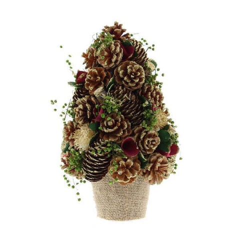 Festive Christmas Tree Festive 26cm Tabletop Tree With Gold Pinecones an Red Flowers