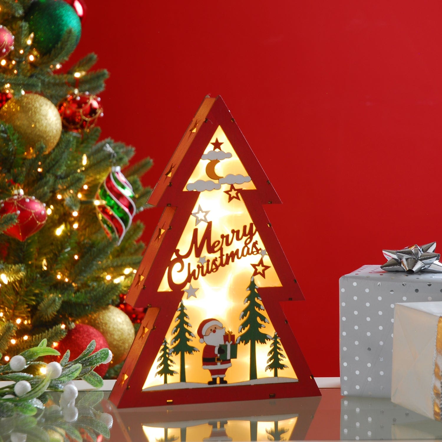 Festive LED Faux Trees Festive 29cm B/O Lit Wooden Red and Green Tree with Santa Scene***NO SKU OR SELL PRICE