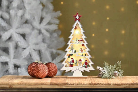 Festive LED Faux Trees Festive 33cm B/O Lit Wooden Robin Tree