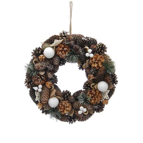 Festive Christmas Wreath Festive 36cm Pinecone and White Glitter Ball Wreath
