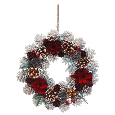 Festive Christmas Wreath Festive 36cm Red Flower and White Pinecones Wreath