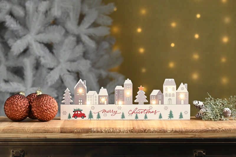Festive Wooden Models & Scenes Festive 38cm B/O Lit White Wooden Village Scene