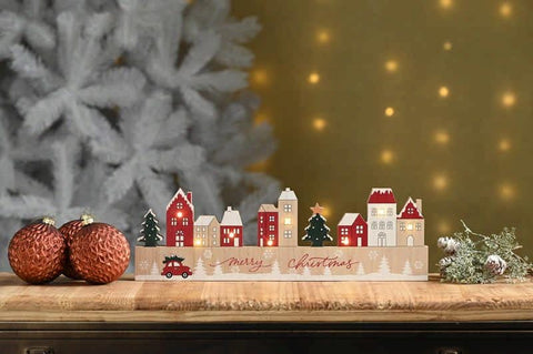 Festive Wooden Models & Scenes Festive 38cm B/O Lit Wooden Village Scene