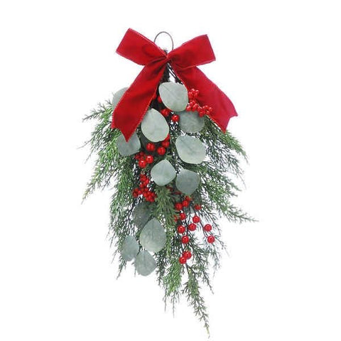 Festive Hanging Decor Festive 50cm Hanging Bunch Sage Green Foliage With Red Bow