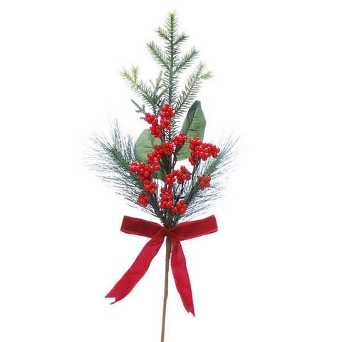 Festive Hanging Decor Festive 61cm Mix Foliage Berries with Red Velvet Bow Stem