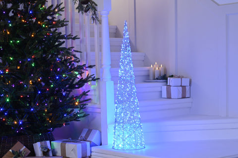 Festive LED String Trees Festive Christmas 100cm Silver Shimmer Cone Blue Twinkling LED