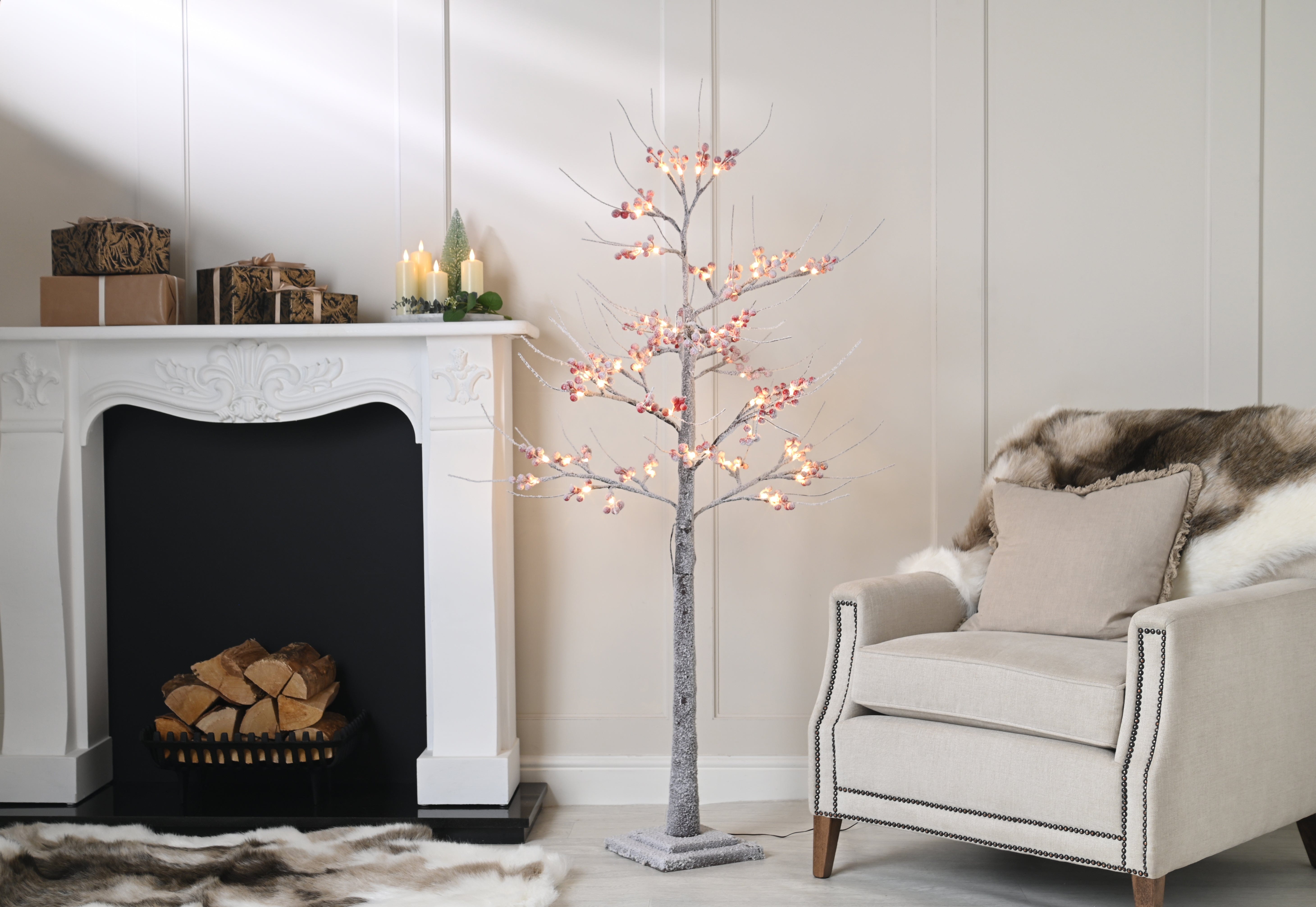Festive Twig Trees Festive Christmas 130cm Lit Flocked Berry Tree - Warm Whit LED