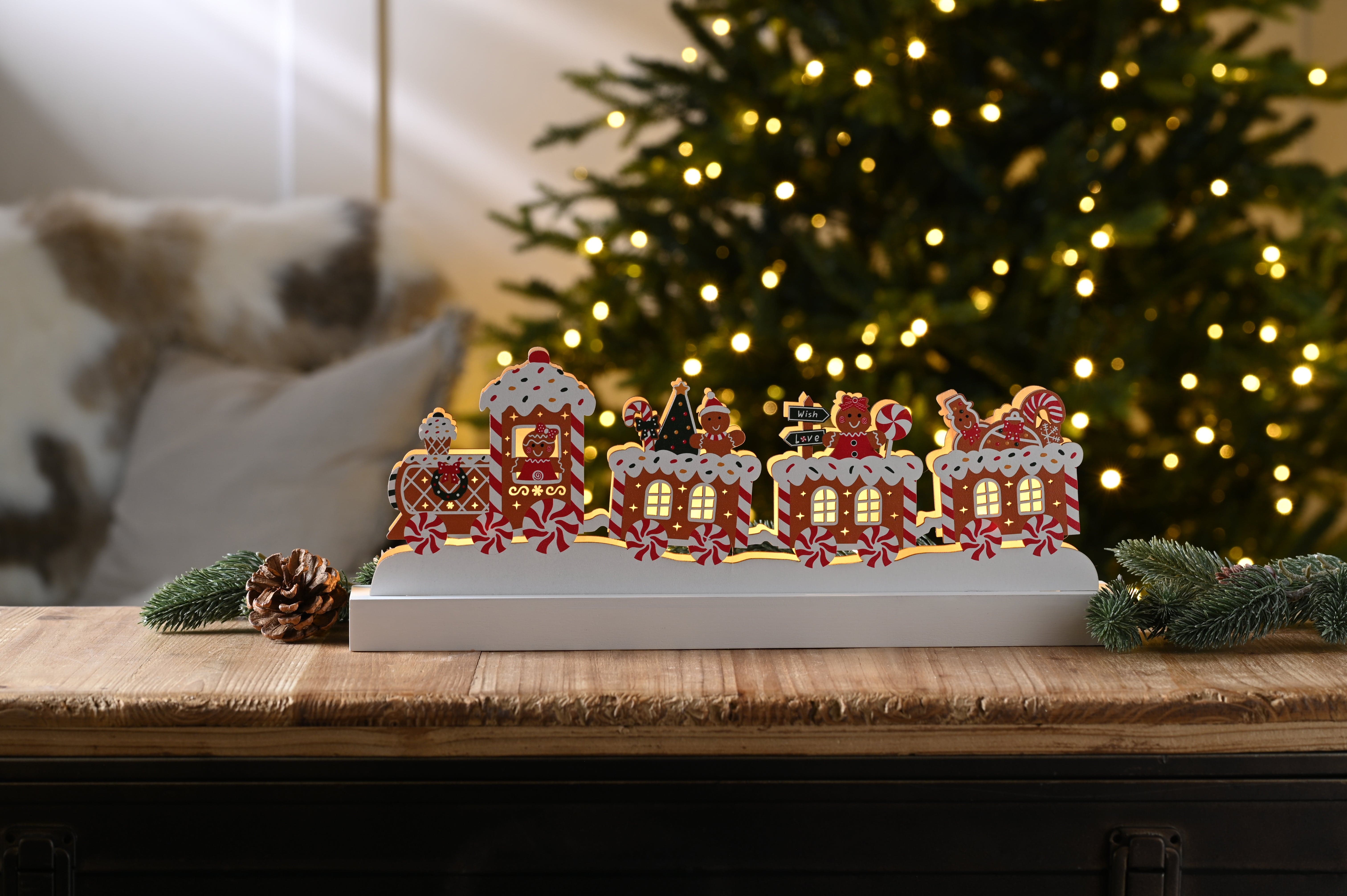Festive Wooden Models & Scenes Festive Christmas 14cm B/O Lit Wooden Gingerbread Train