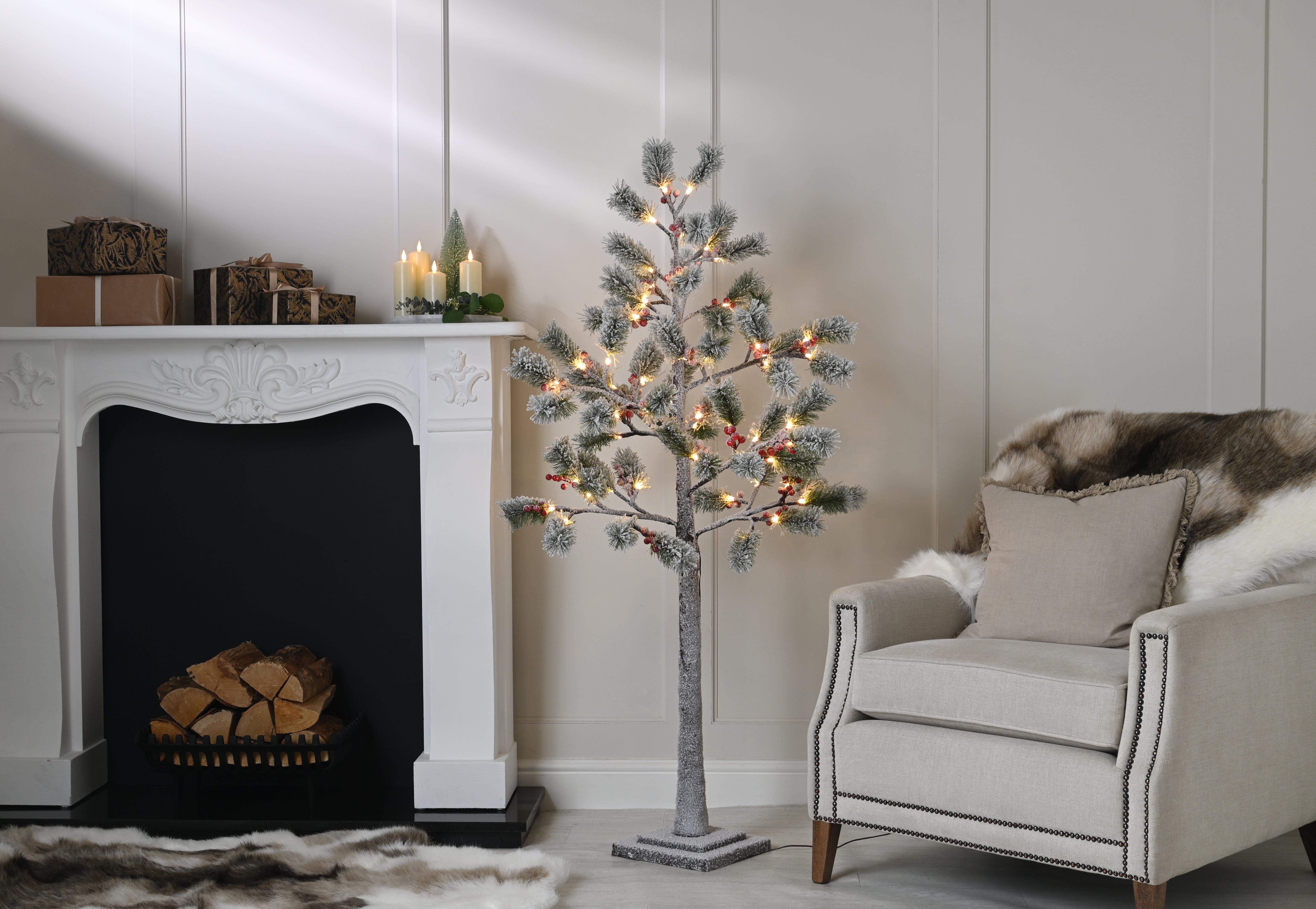 Festive Twig Trees Festive Christmas 180cm Lit Flocked Berry and pine Tree - Warm White LED