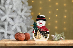 Festive Wooden Models & Scenes Festive Christmas 25cm B/O Lit Wooden Snowman Scene