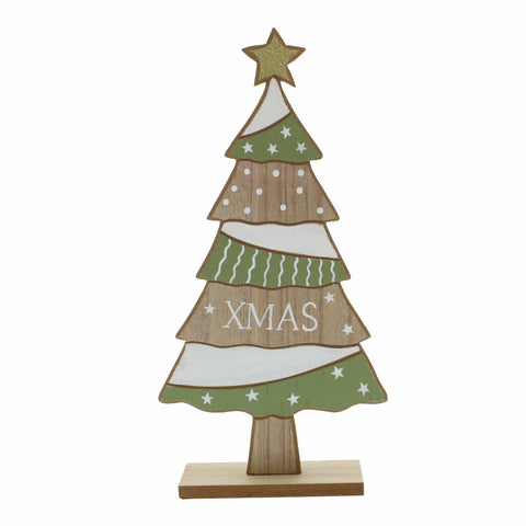 Festive Models & Scenes Festive Christmas 31cm Wooden Green and White Tree Star and Spot Pattern