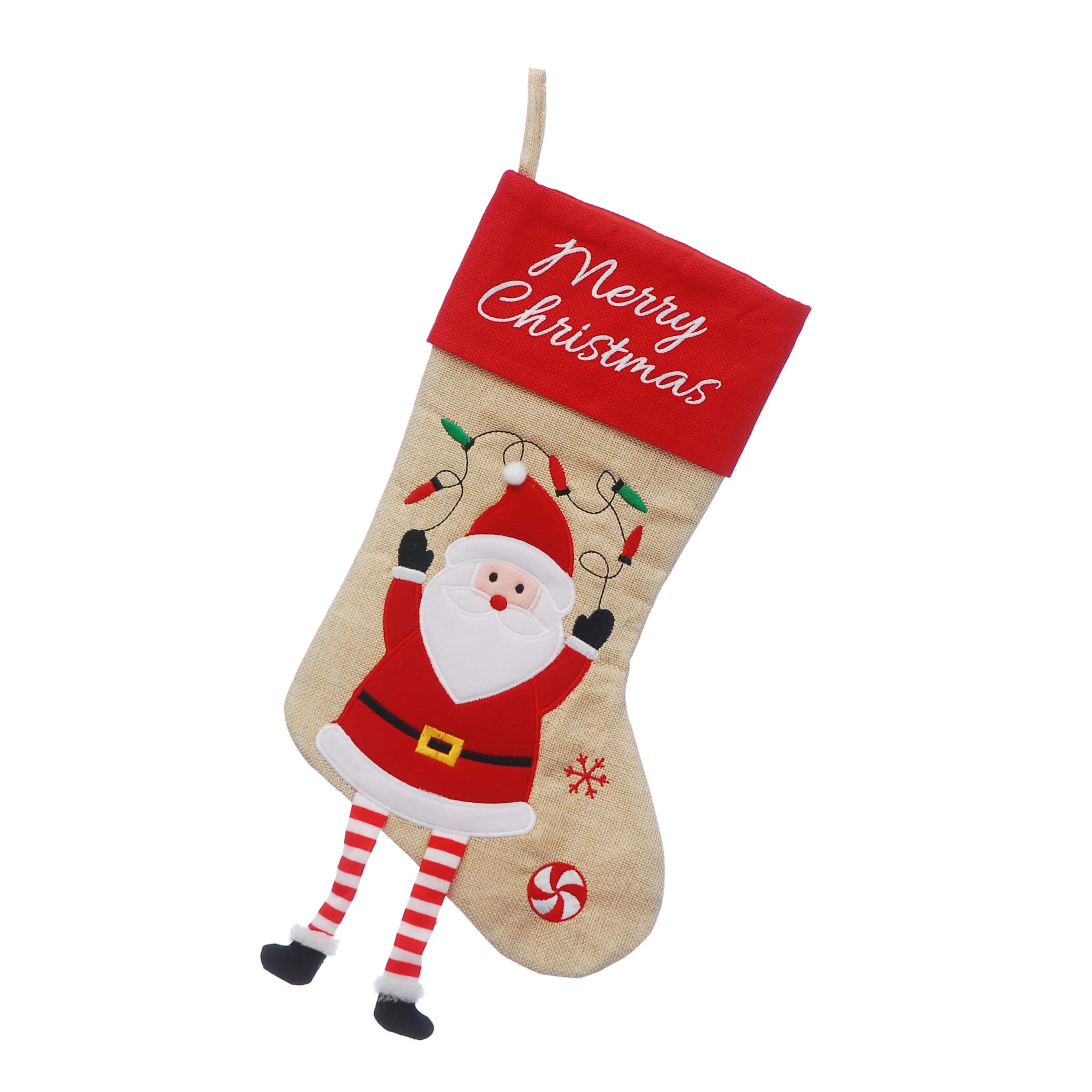 Festive Stockings Xmas Festive Christmas 40cm Natural Linen Stocking Santa Dangly Legs
