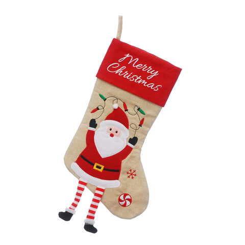 Festive Stockings Xmas Festive Christmas 40cm Natural Linen Stocking Santa Dangly Legs