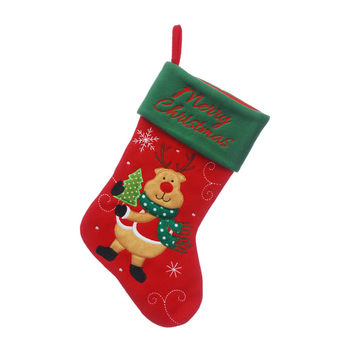 Festive Stockings Xmas Festive Christmas 40cm Red Fleece Stocking Reindeer