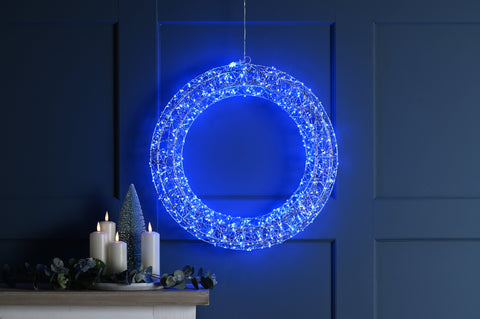 Festive LED Wreaths Festive Christmas 50cm Silver Shimmer Wreath Blue Twinkling LED