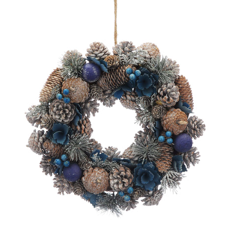 Festive Christmas Wreath Festive Christmas Blue Flowers and Frosted Cones Wreath 36cm