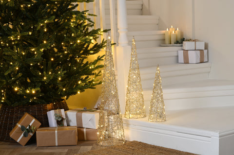 Festive LED Mesh Trees Festive Christmas BO Set of 3 Shimmer Gold Cone Trees White