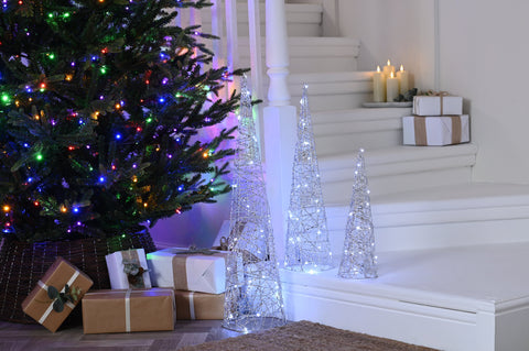 Festive LED Mesh Trees Festive Christmas BO Set of 3 Shimmer Silver Cone Trees White