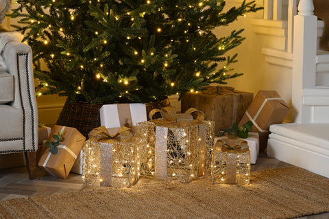 Festive LED Gift Boxes Festive Christmas Lit Gold Shimmer Parcels 3pc Warm White