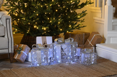 Festive LED Gift Boxes Festive Christmas Lit Silver Shimmer Parcels 3pc Cool White
